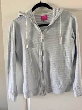 Joules Light Blue and White Striped Zip Hoodie